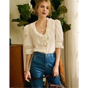 The Kooples White Buttoned Ecru Cotton Lace Shirt With Frills